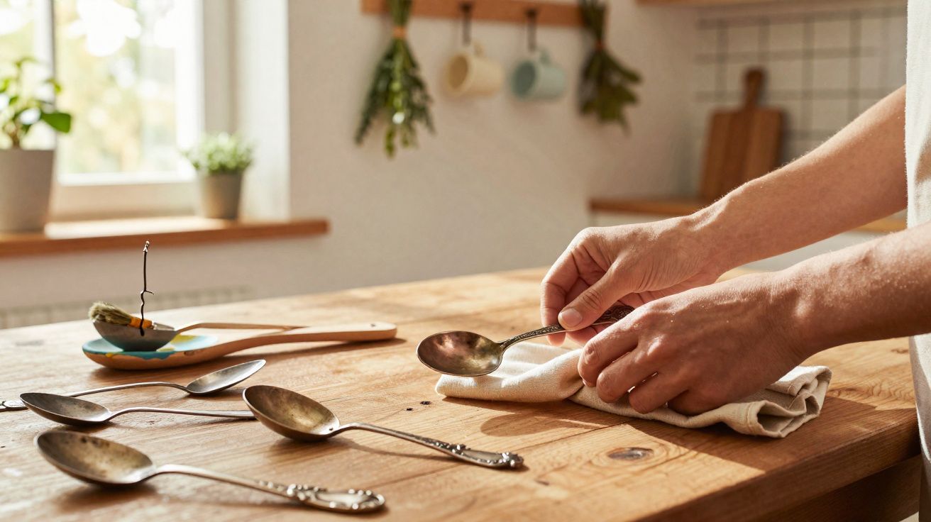 Mãos a polir uma colher de metal com um pano branco numa mesa de madeira com várias colheres à frente.