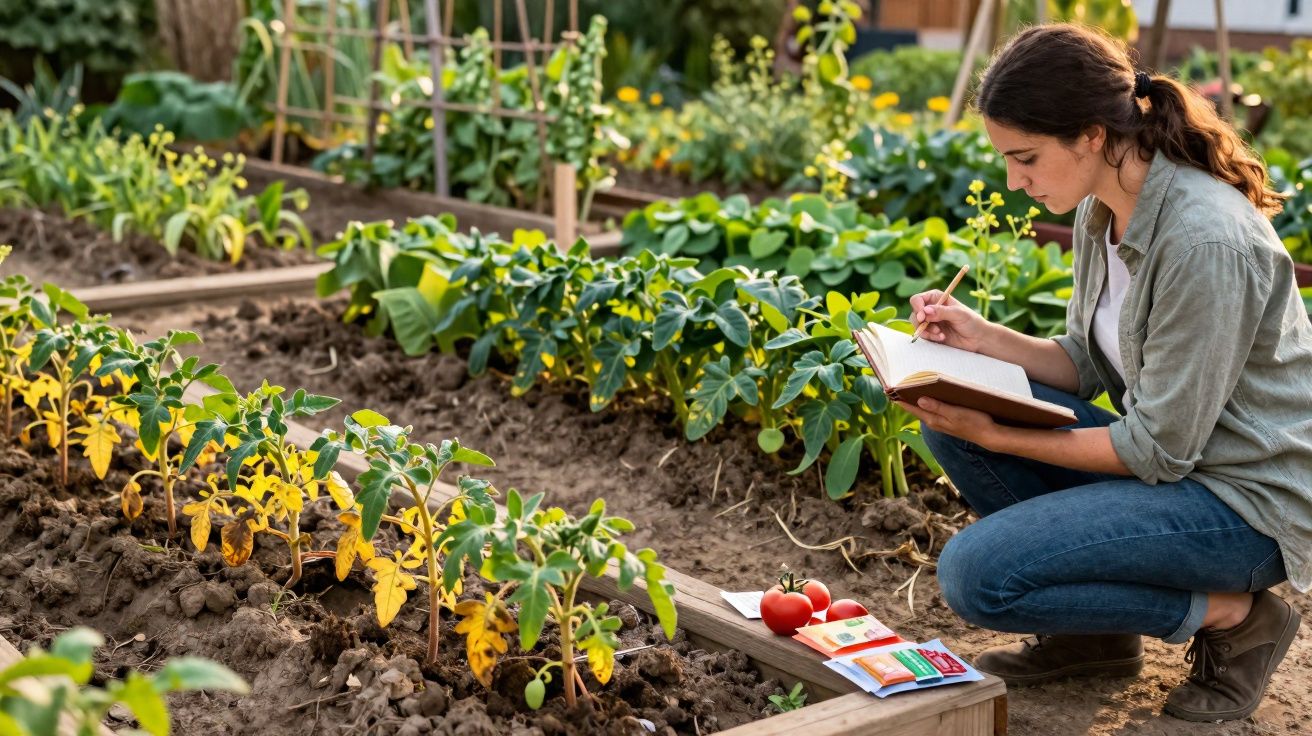 Jovem a fazer anotações num caderno enquanto observa plantas numa horta com tomates maduros.