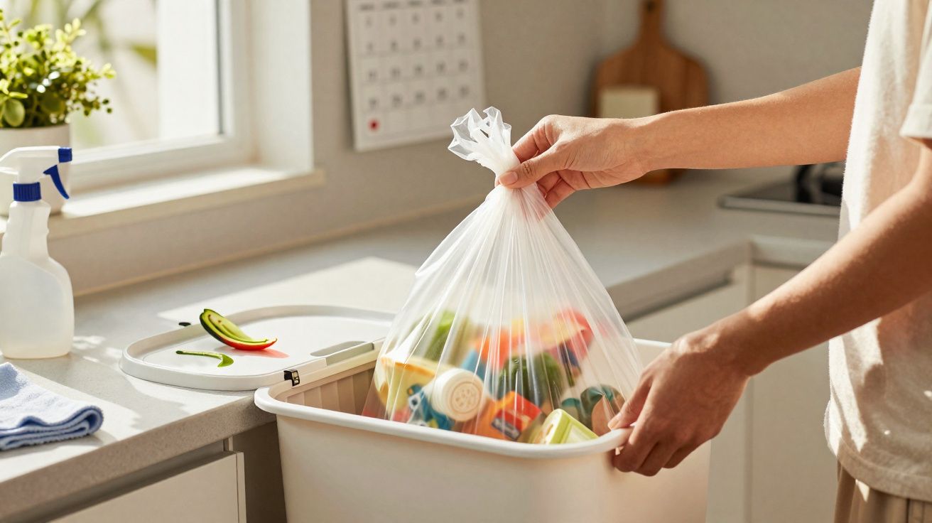 Pessoa a colocar saco de plástico com lixo colorido numa caixa de reciclagem branca numa cozinha.