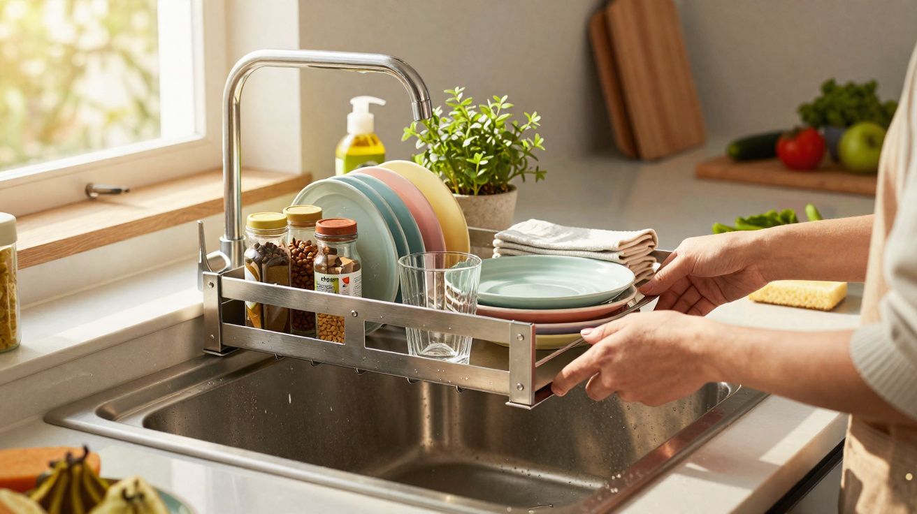 Pessoa a retirar escorredor de loiça com pratos, copo e temperos numa cozinha iluminada pela janela.