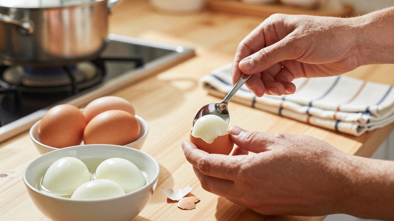 Pessoa descascando ovo cozido com colher numa cozinha com ovos crus e ovos cozidos numa taça.