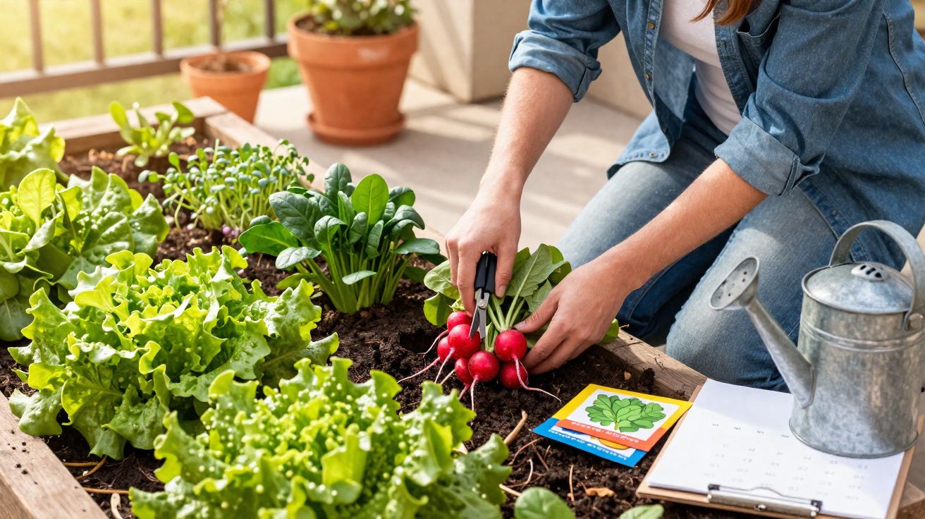 Pessoa a colher rabanetes num canteiro de legumes, ao lado regador metálico e caderno de anotações.