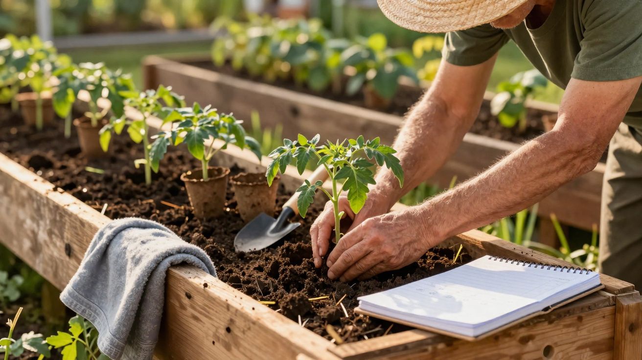 Pessoa a plantar mudas numa horta em madeira com caderno e enxada ao lado, ao ar livre.