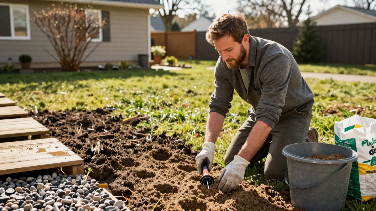 Homem de barba a cavar terra num jardim com luvas, ao ar livre em dia ensolarado.