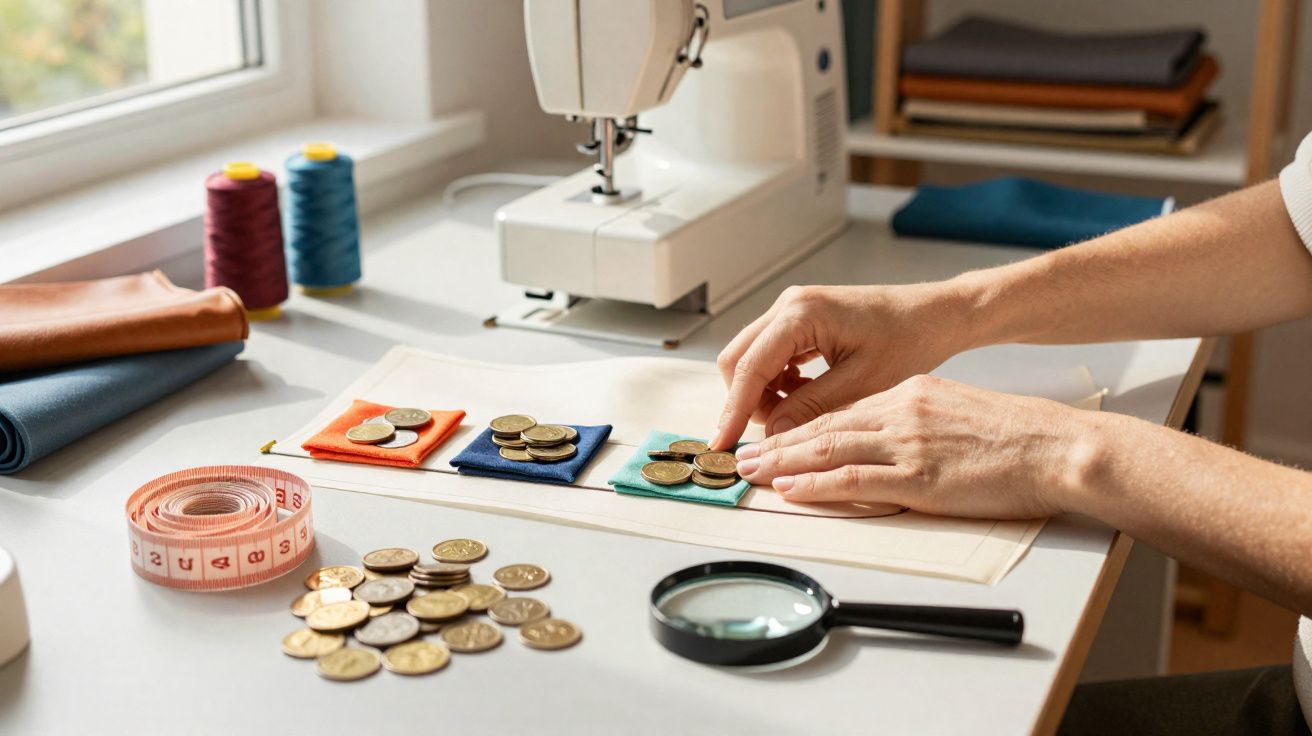 Mãos a organizar moedas em pequenos tecidos coloridos numa mesa com máquina de costura, fita métrica e lupa.