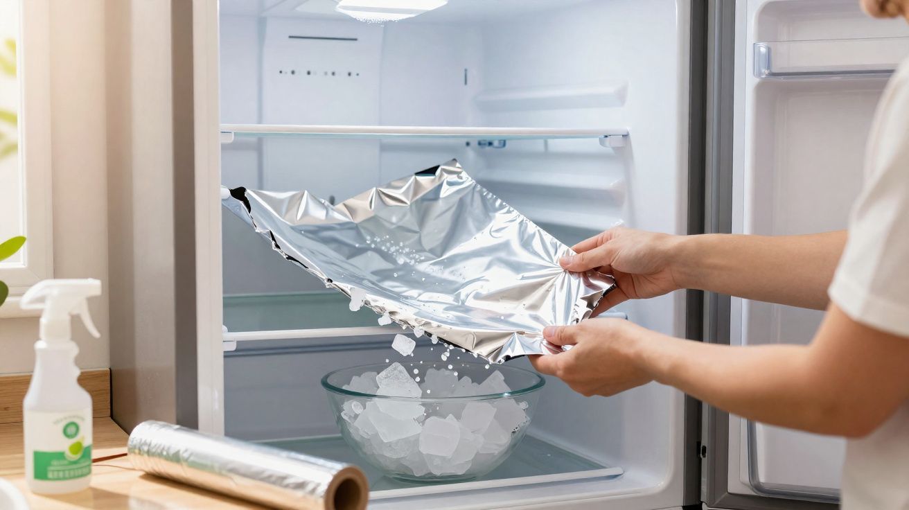 Pessoa a retirar gelo de embalagem com papel alumínio para taça dentro do frigorífico aberto.