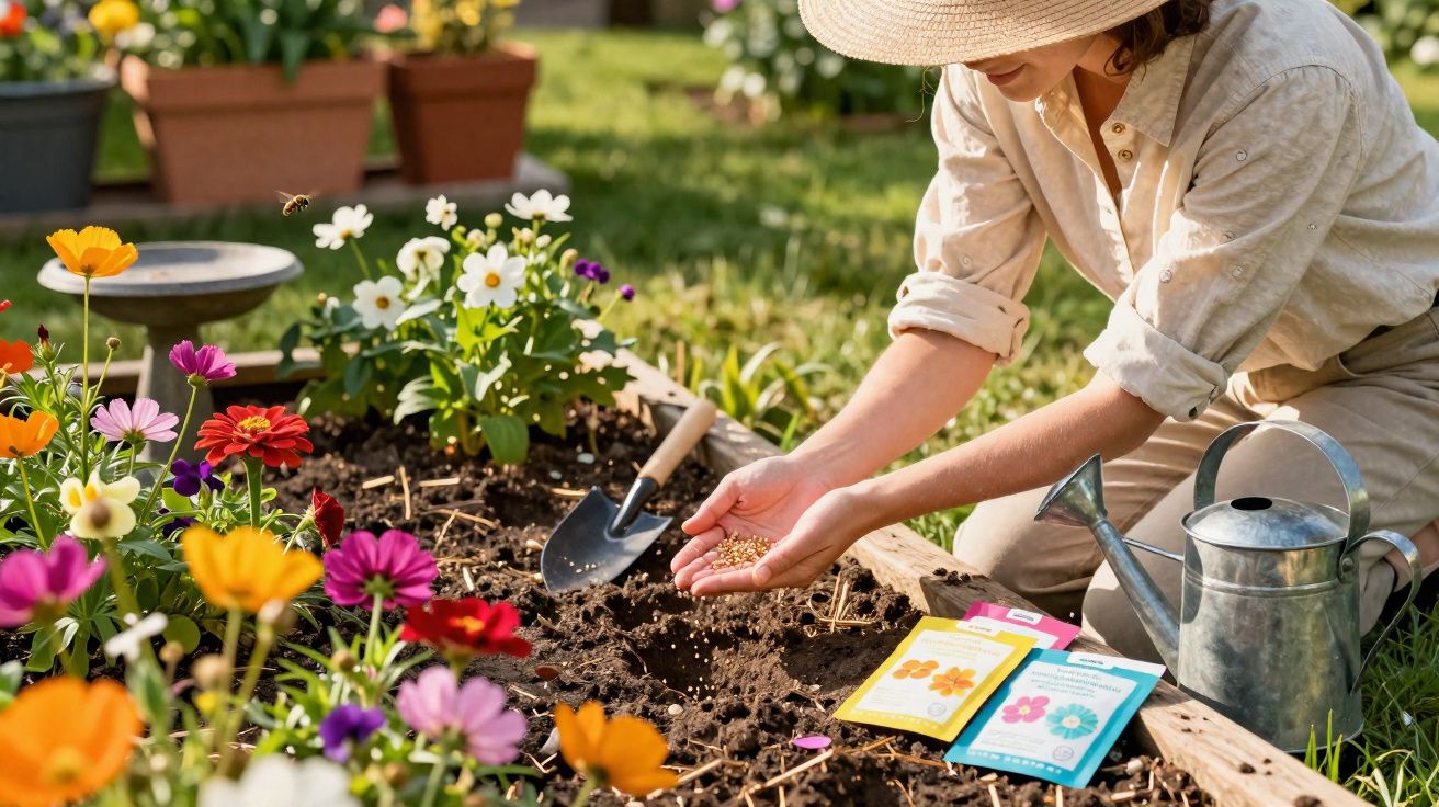 Pessoa a semear sementes numa horta com flores coloridas, rega e ferramentas de jardinagem ao lado.