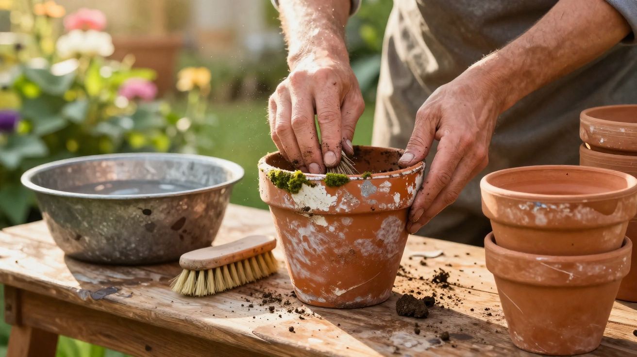 Mãos de pessoa a limpar um vaso de barro com escova, sobre mesa de madeira, em ambiente de jardim.