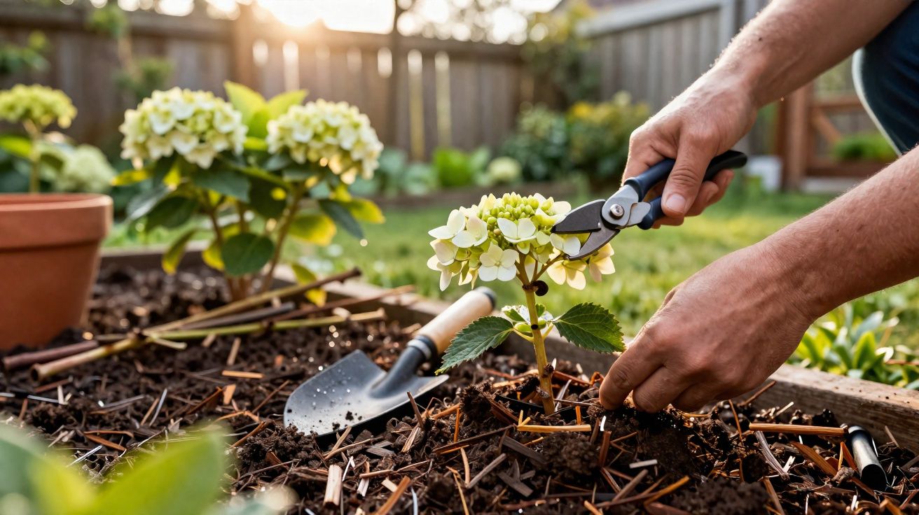 Mãos podando flor branca num jardim com terra, enxada e outras plantas ao fundo numa tarde ensolarada.