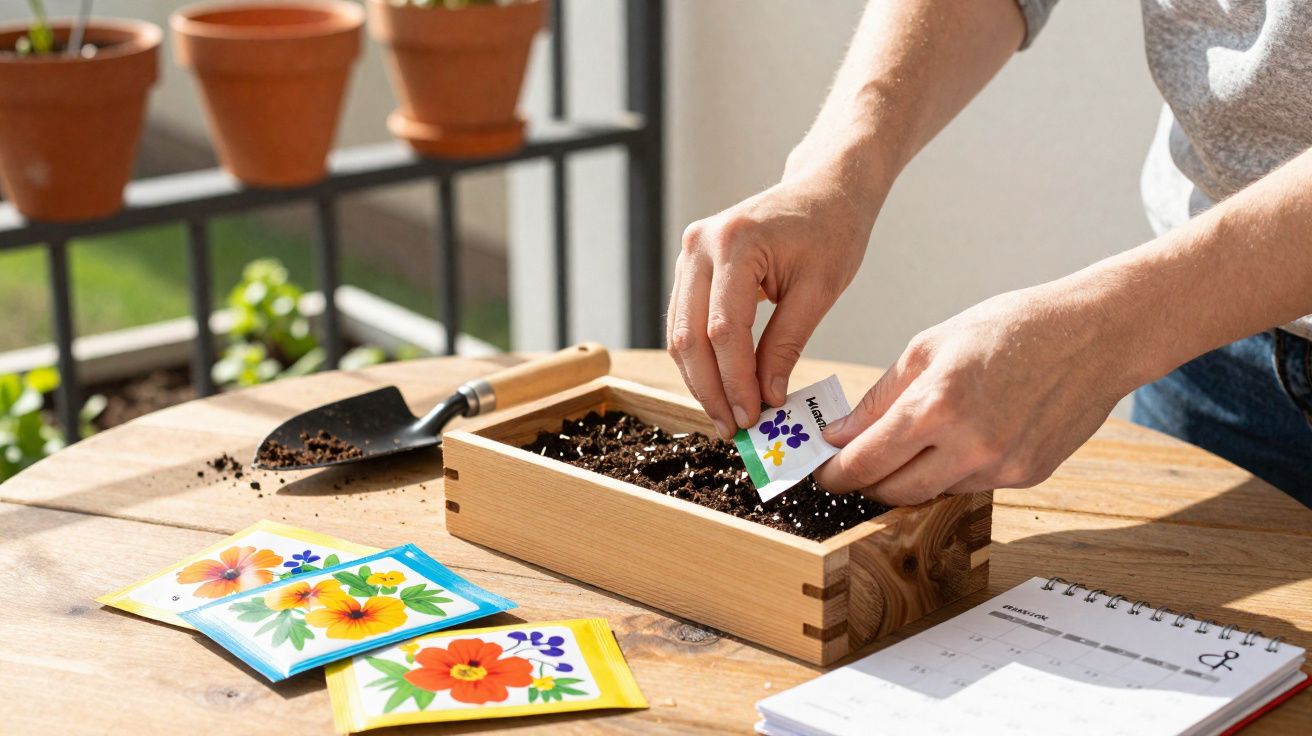 Pessoa a semear sementes de flores em caixote de madeira numa varanda ensolarada com pacotes coloridos e agenda.