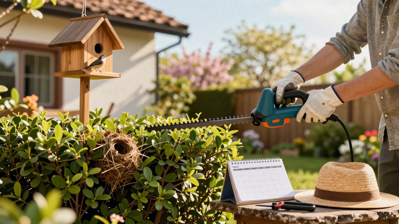 Pessoa a aparar sebe com aparador elétrico no jardim, perto de casinha de passarinho e ninho.