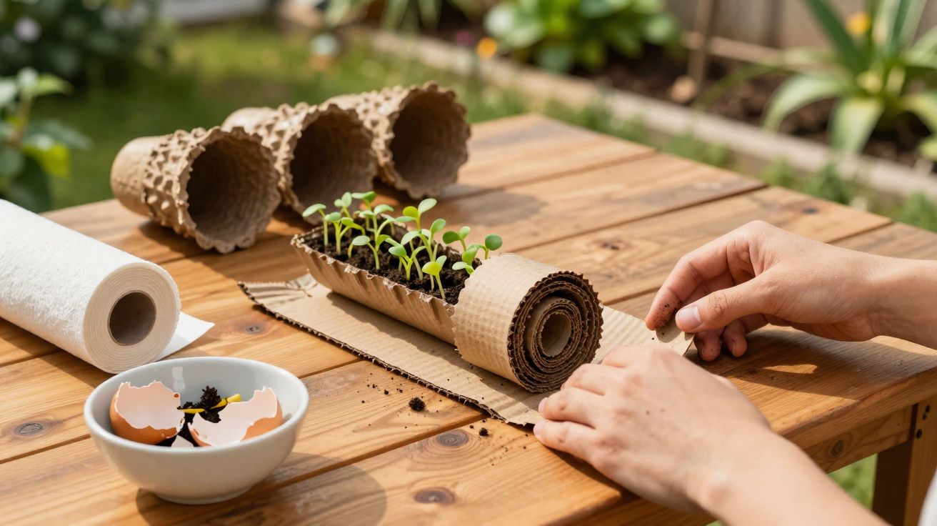 Mãos a preparar mudas em tabuleiro reciclado com terra, perto de cascas de ovo e rolo de papel num jardim.
