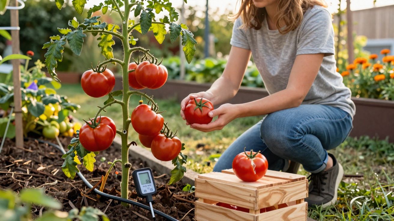 Mulher a colher tomates vermelhos maduros num jardim, com caixa de madeira e rega automática.