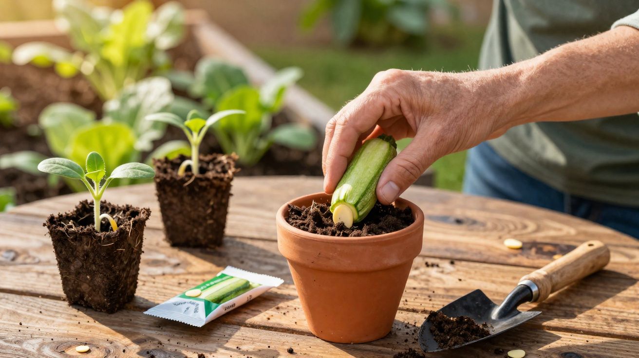 Pessoa a plantar uma muda em vaso de barro num jardim com ferramentas de jardinagem.