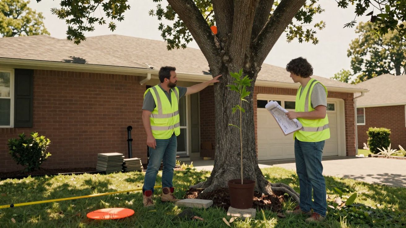 Dois trabalhadores de colete refletor analisam uma árvore numa zona residencial com plantas em vaso.