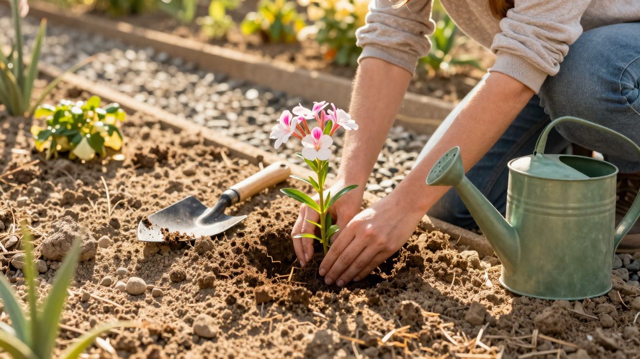 Pessoa a plantar flor cor-de-rosa num jardim, junto a uma regadeira e uma pequena pá.