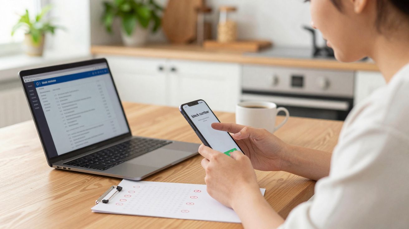 Pessoa a usar telemóvel e computador portátil numa mesa de madeira, com uma folha de papel e uma chávena ao lado.