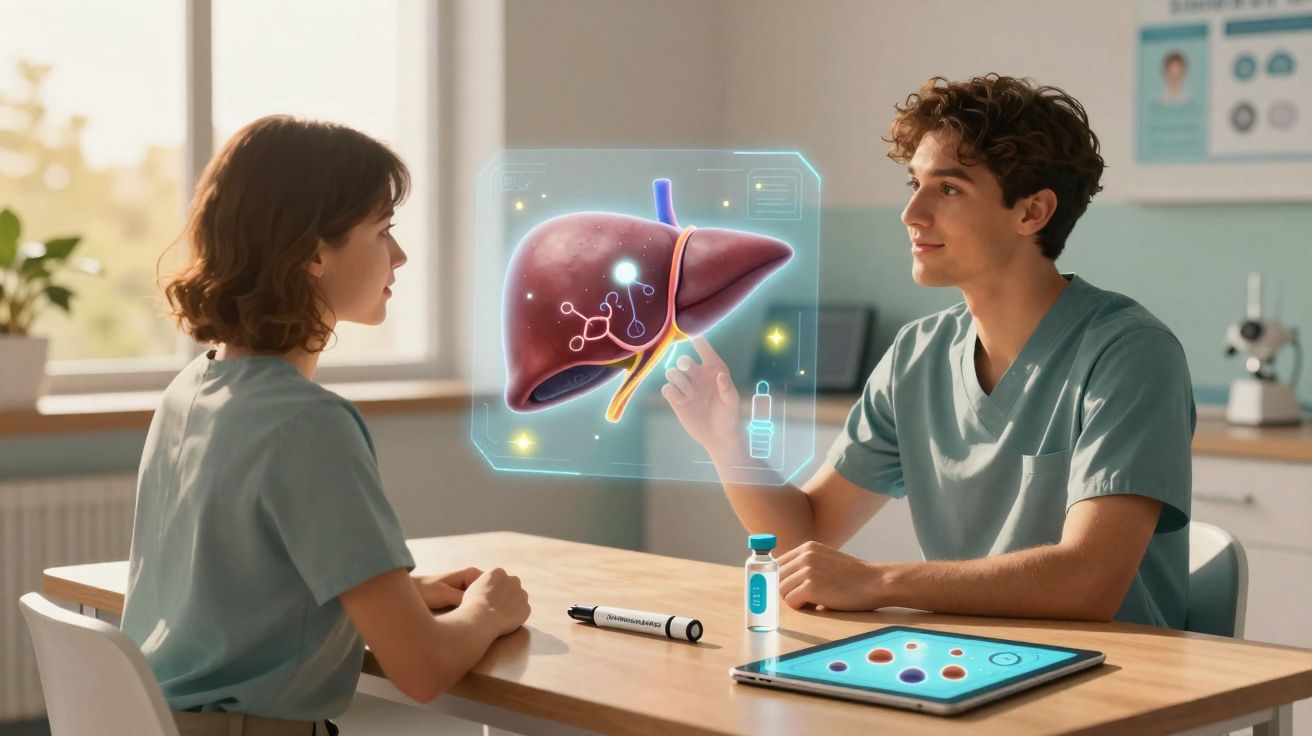 Dois profissionais de saúde a discutir um fígado digital 3D numa consulta médica.