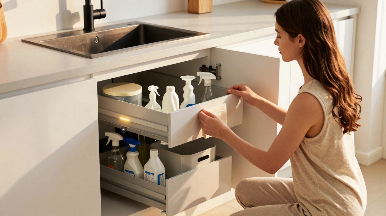 Mulher a organizar produtos de limpeza em gavetas sob a pia de uma cozinha moderna.
