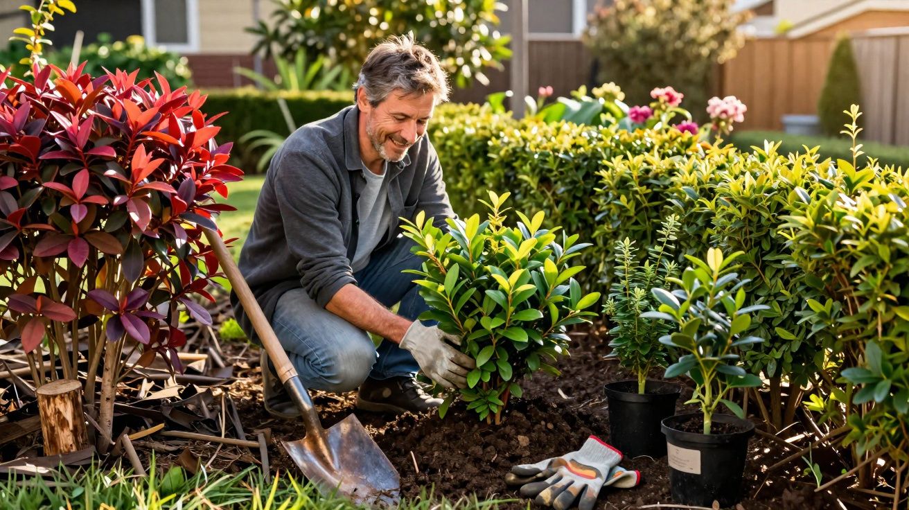 Homem a plantar arbusto num jardim, rodeado de várias plantas e ferramentas de jardinagem.