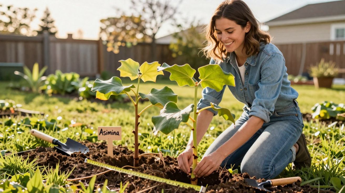 Mulher a plantar uma árvore joven Asimina num jardim ao ar livre com ferramentas de jardinagem.