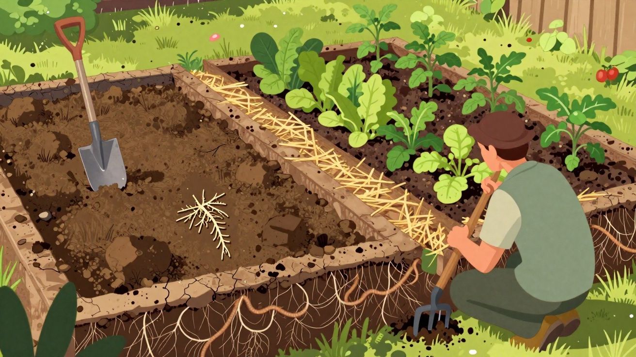 Homem a cultivar legumes num jardim com terra virgem e enxada junto a uma estufa.