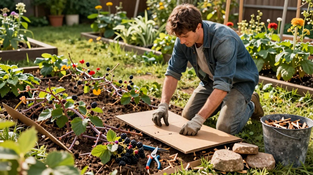 Homem a preparar canteiro de morangos numa horta, com ferramentas e folhas ao redor, em dia ensolarado.