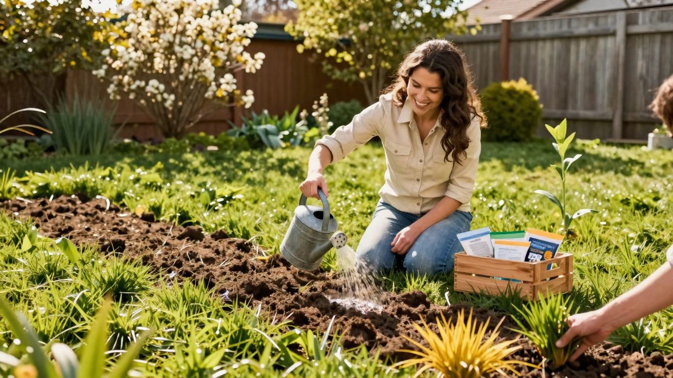 Mulher a regar plantas num jardim com caixa de produtos hortícolas ao lado, em dia soalheiro.