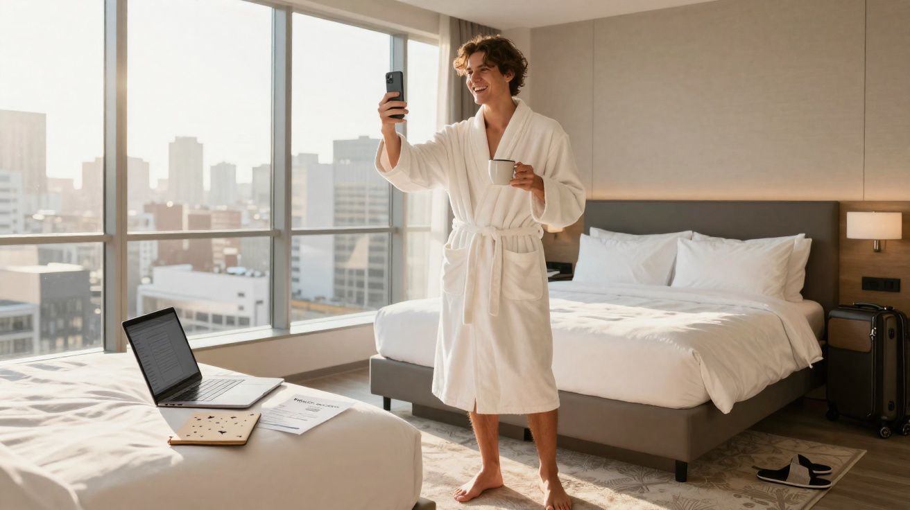 Homem em robe branco numa suíte de hotel, segurando chá e a tirar foto com telemóvel junto à janela com vista urbana.