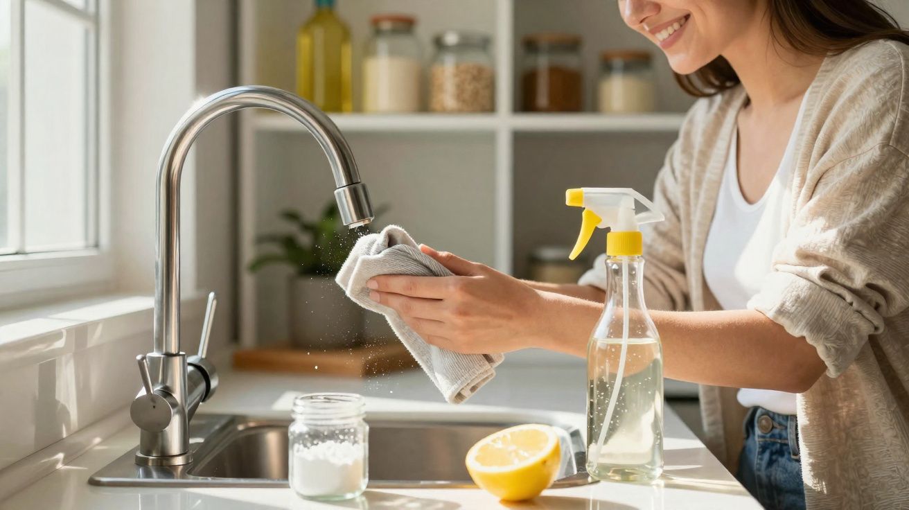 Mulher a limpar utensílio com pano ao lado de garrafa de spray e meio limão na cozinha iluminada.