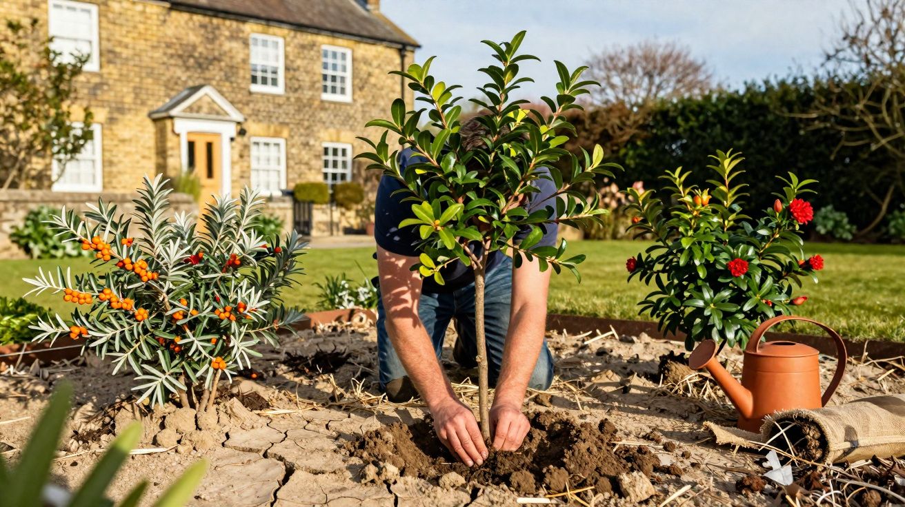 Pessoa a plantar árvore num jardim com casa de pedra ao fundo em dia solarengo.