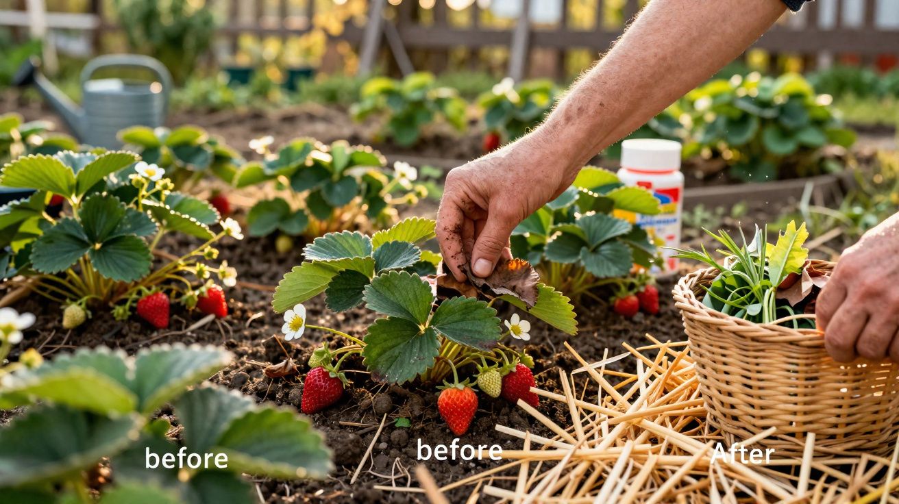 Mãos a cuidar de planta de morango num jardim, com morangos maduros e floresta ao redor.