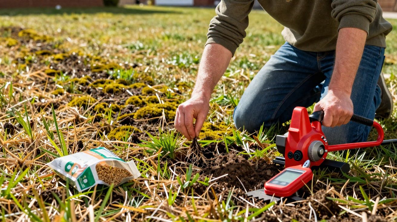 Pessoa agachada a analisar o solo com instrumento de medição vermelho e saco de sementes num campo.