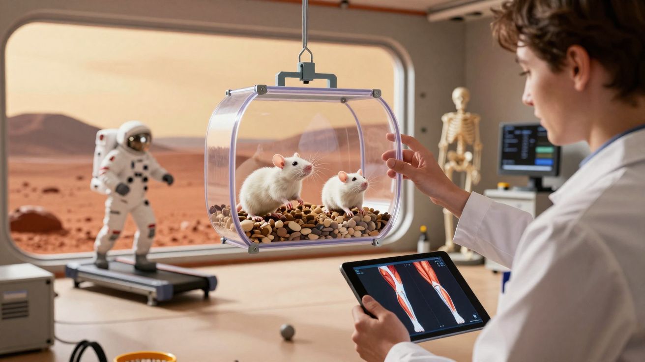 Criança cientista observa ratos em cápsula suspensa, ambiente com astronauta, esqueleto e tablet com imagens anatómicas.