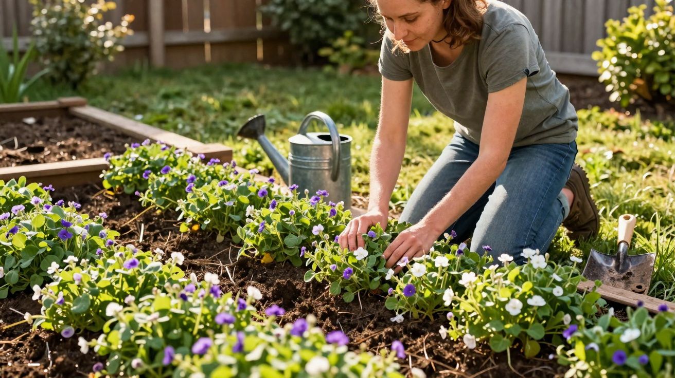 Mulher a cuidar de flores violetas e brancas num jardim, com regador e enxada ao lado.