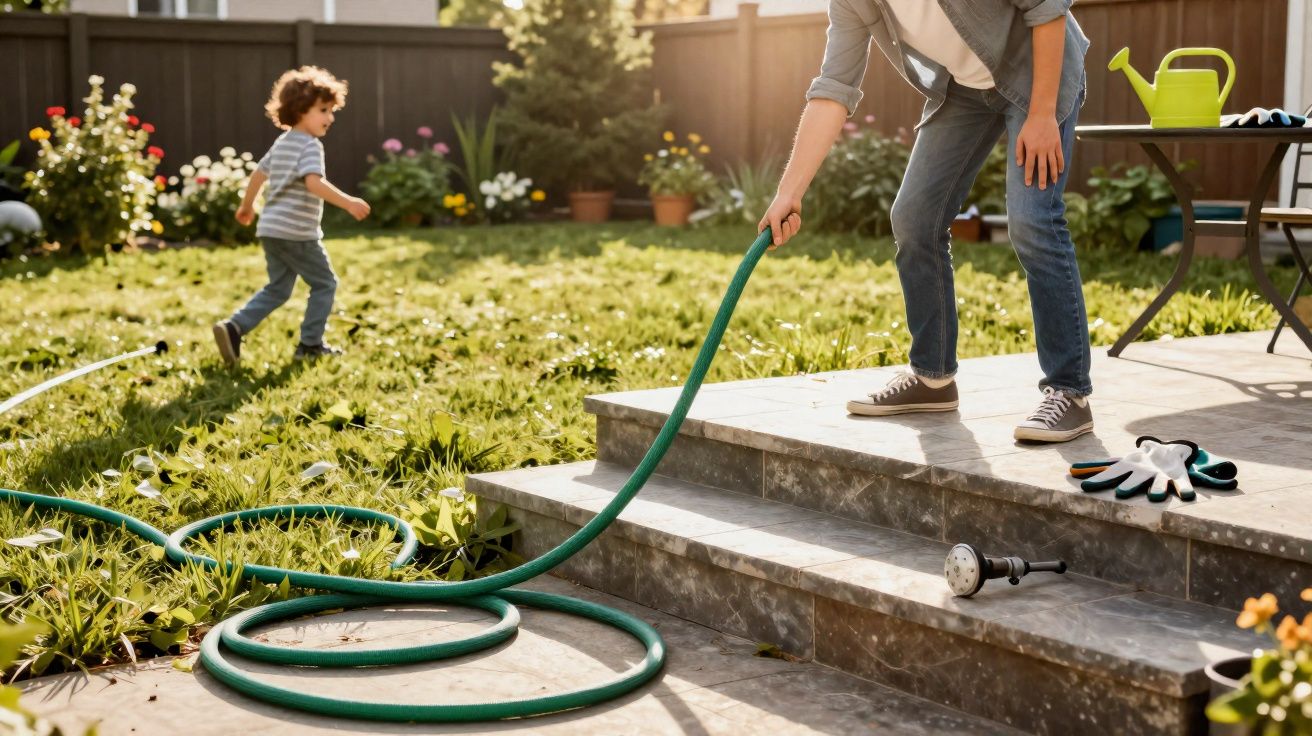 Homem a enrolar mangueira no jardim enquanto criança brinca na relva num dia soalheiro.
