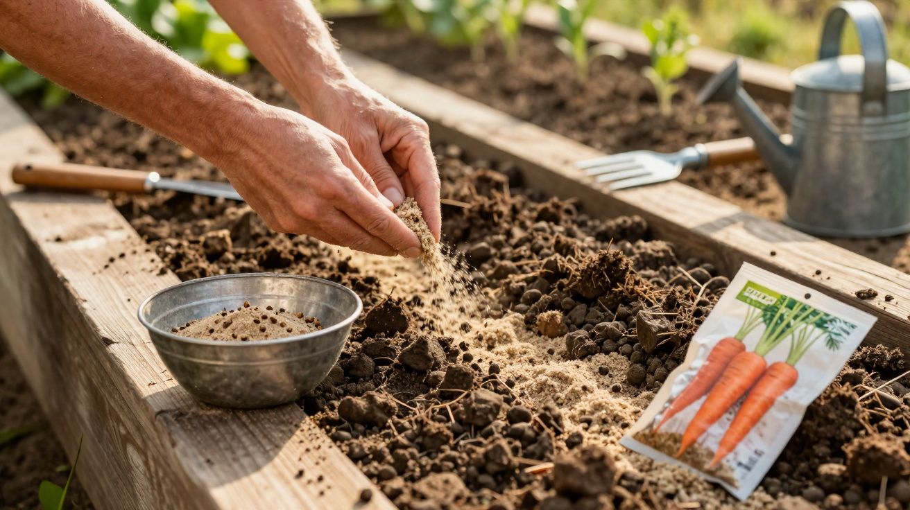 Mãos a semear sementes de cenoura numa horta elevada com ferramentas de jardinagem ao fundo.