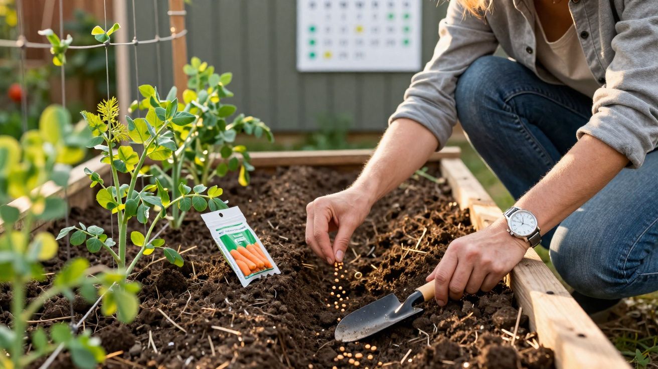 Pessoa a semear sementes de cenoura em canteiro de jardim com pá pequena e embalagem de sementes ao lado.