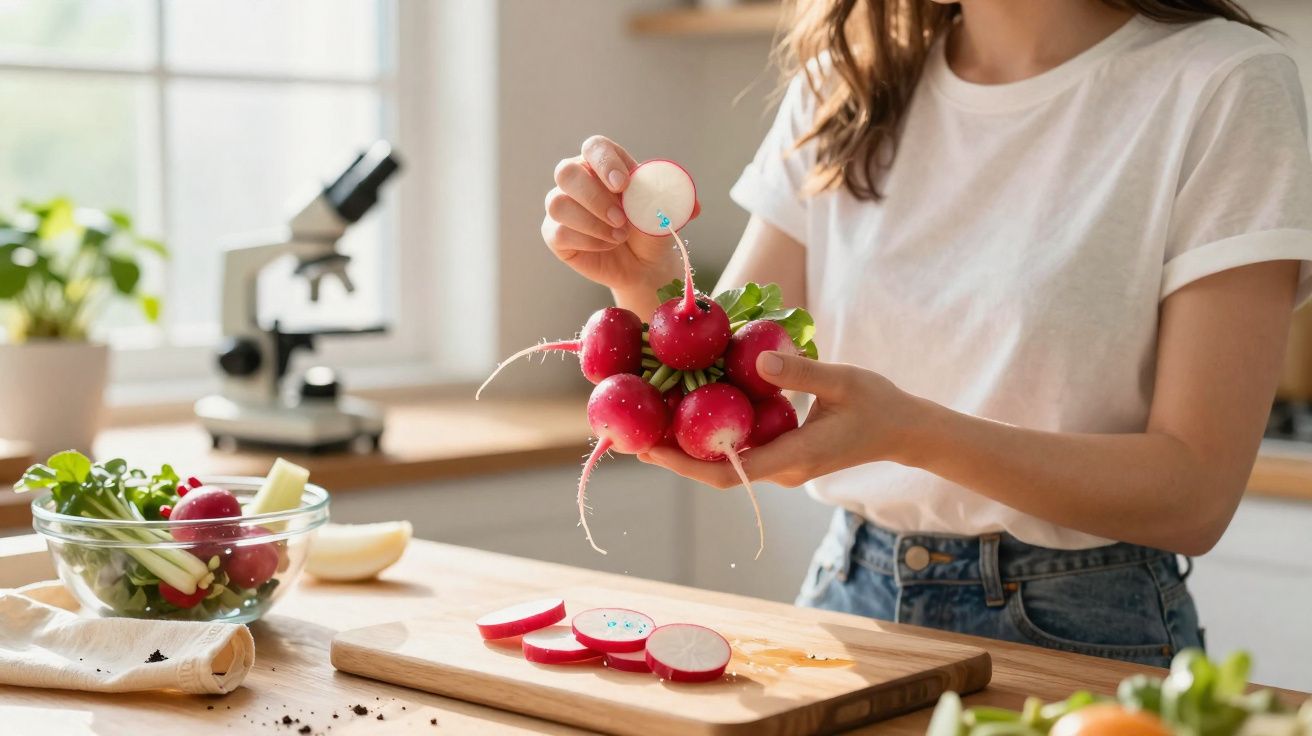 Pessoa a segurar um molho de rabanetes frescos numa cozinha iluminada, com fatias na tábua de madeira.