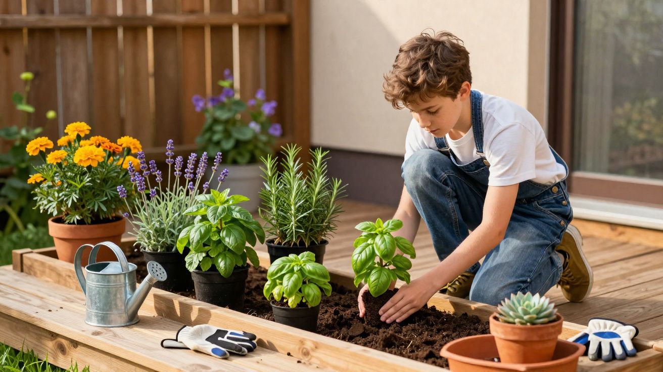 Menino a plantar manjericão em jardim elevado com outras plantas e ferramentas de jardinagem à volta.
