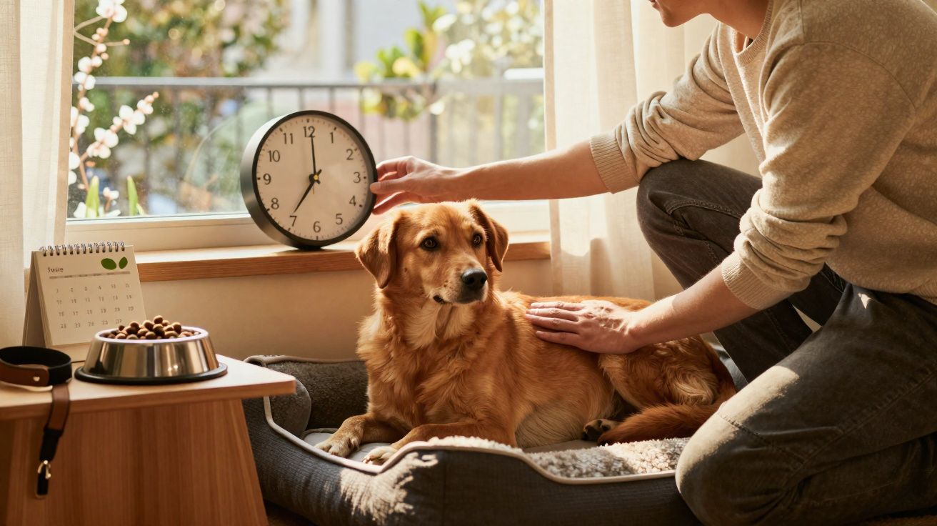 Pessoa a acariciar cão castanho deitado numa cama, com relógio e calendário ao fundo junto à janela iluminada.