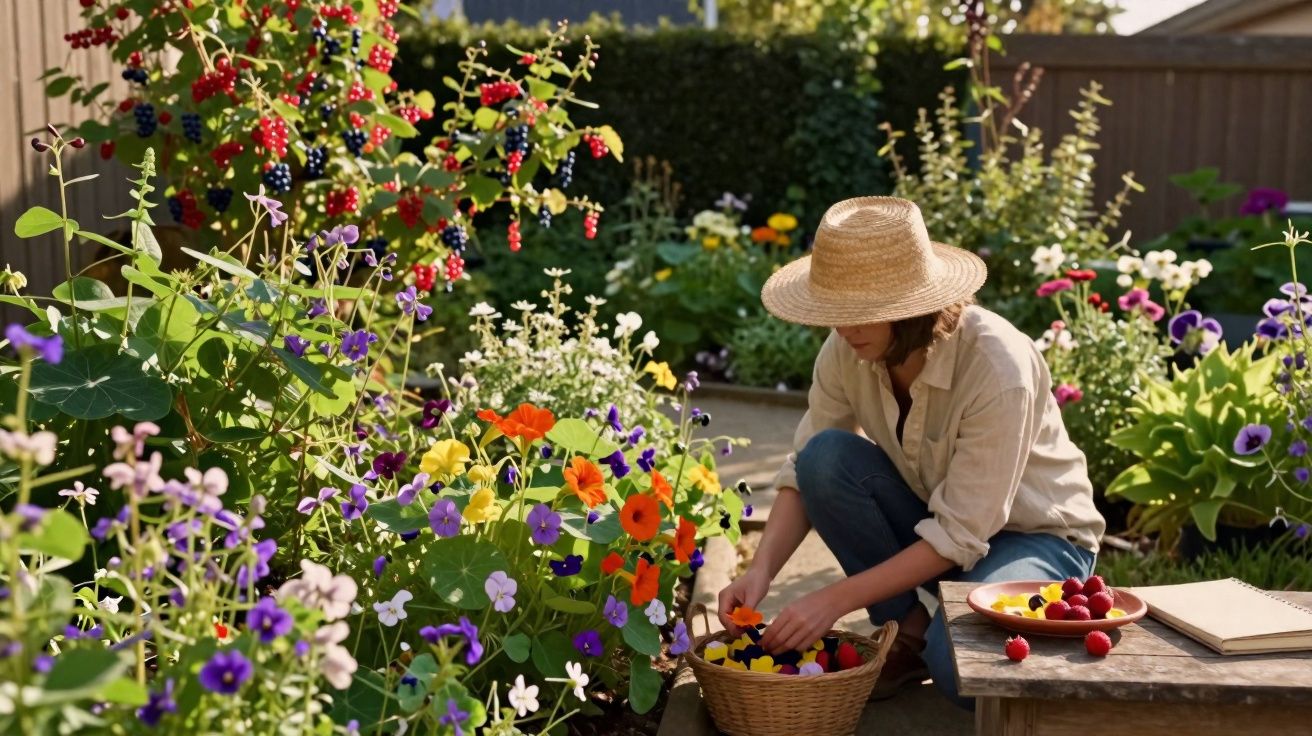 Mulher de chapéu colhendo flores coloridas num jardim cheio de plantas e frutos vermelhos.