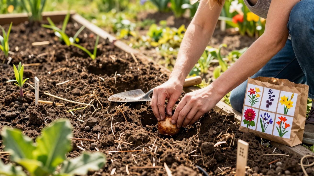 Pessoa a plantar um bolbo de flor na terra de um canteiro de jardim com ferramentas e saco de sementes ao lado.
