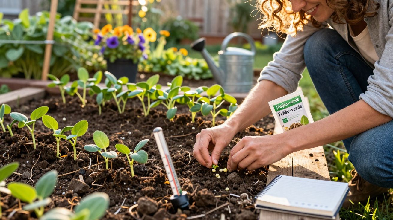 Pessoa a plantar sementes de feijão-verde numa pequena horta urbana, com regador e bloco de notas ao lado.