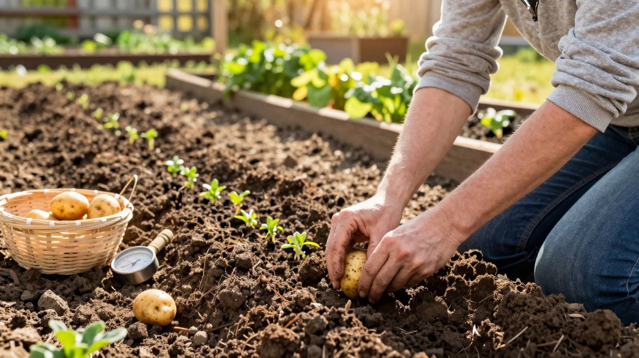 Pessoa a plantar batatas na terra num jardim com luz solar.
