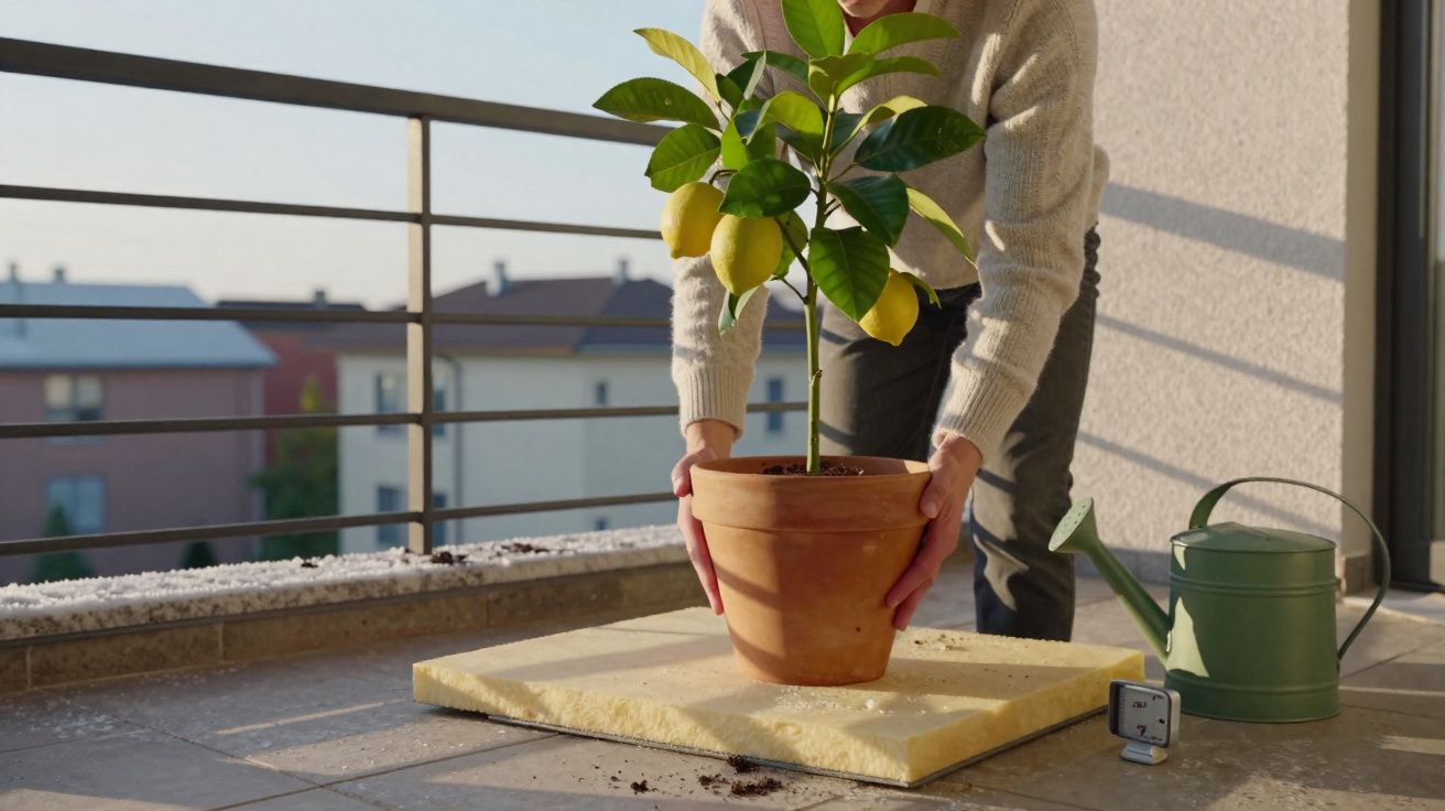 Pessoa a colocar vaso com limoeiro numa varanda ensolarada, ao lado de regador verde e termómetro digital.