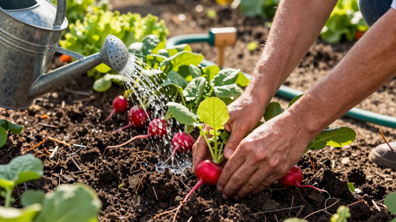 Pessoa a regar e a colher rabanetes maduros em canteiro de terra numa horta urbana.