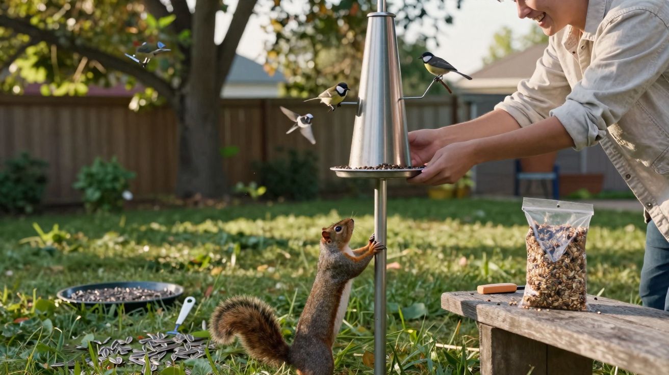 Pessoa a encher comedouro de pássaros com esquilo e vários pássaros ao redor no jardim.