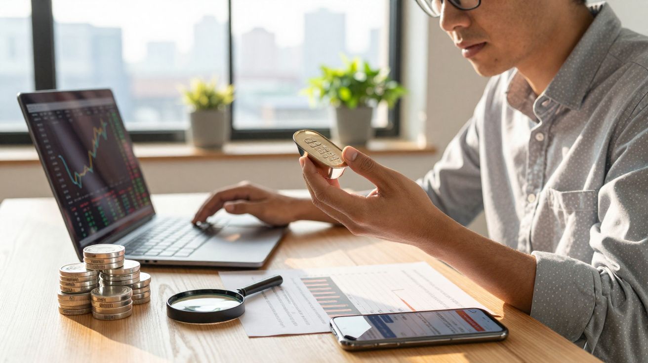 Pessoa a analisar moeda digital com computador, gráfico de ações e documentos numa mesa.