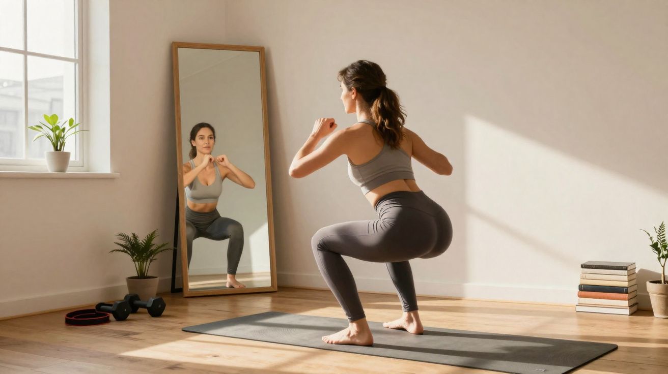 Mulher a fazer agachamentos em roupa desportiva à frente de um espelho numa sala iluminada.